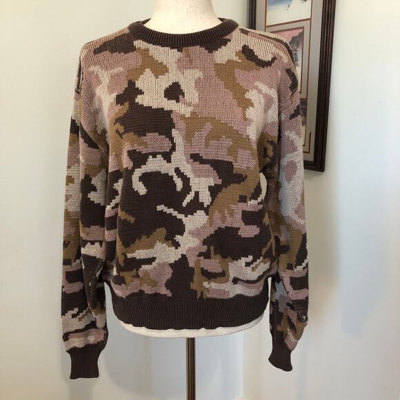 VTG 90s Black Duck Camo Knit Sweater Brown Pink Distressed Military USA Womens M - Picture 1 of 9